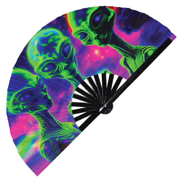 Alien Psychedelic hand fan foldable bamboo circuit rave hand fans Rainbow Acid UFO party gear gifts music festival rave accessories