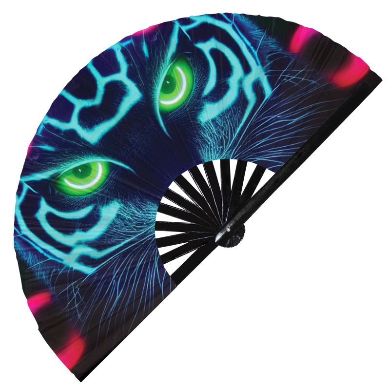 Neon Cats hand fan foldable bamboo circuit rave hand fans Rave Glow Kittens Tiger Panther Iridescent Psychedelic Trippy Colorful party gear gifts music festival rave accessories 