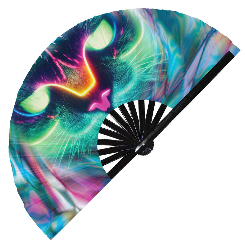Neon Cats hand fan foldable bamboo circuit rave hand fans Rave Glow Kittens Tiger Panther party gear gifts music festival rave accessories
