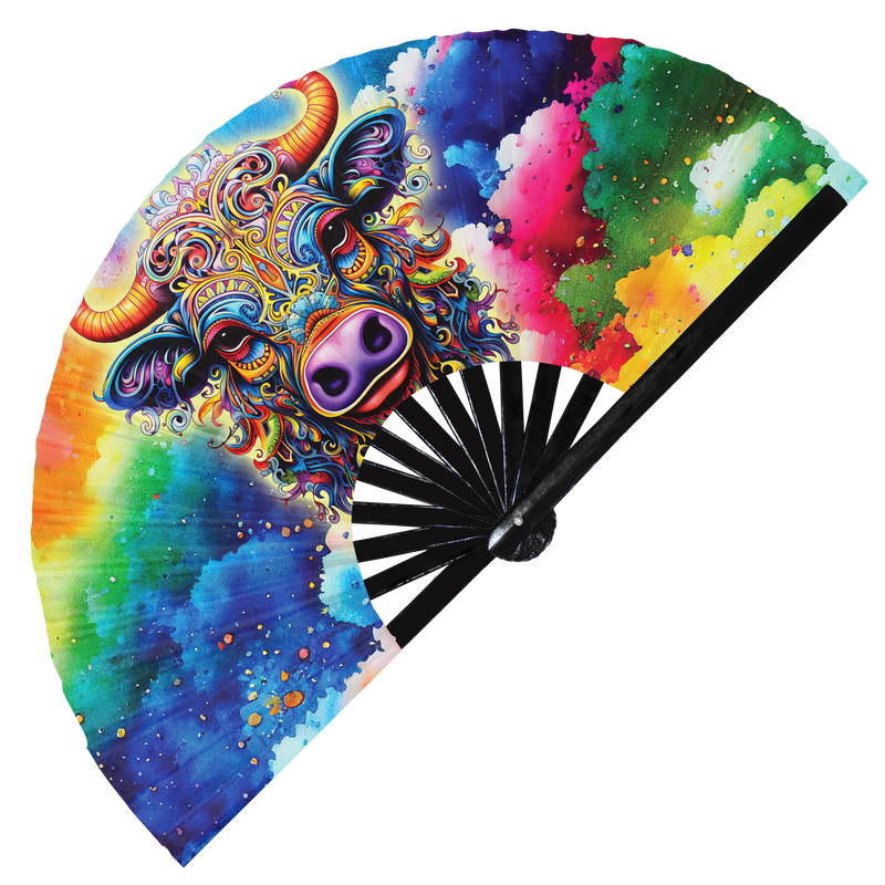 Cow Mandala Rainbow Psychedelic Art | Hand Fan foldable bamboo gifts Festival accessories Rave handheld event Clack fans