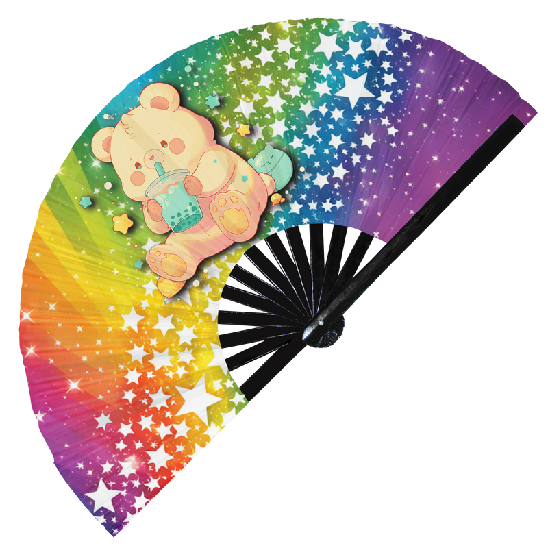 Cute Bear Boba Tea Kawaii | Hand Fan foldable bamboo gifts Festival accessories Rave handheld event Clack fan