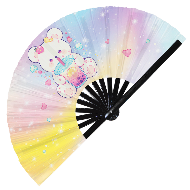 Cute Bear Boba Tea Kawaii | Hand Fan foldable bamboo gifts Festival accessories Rave handheld event Clack fan