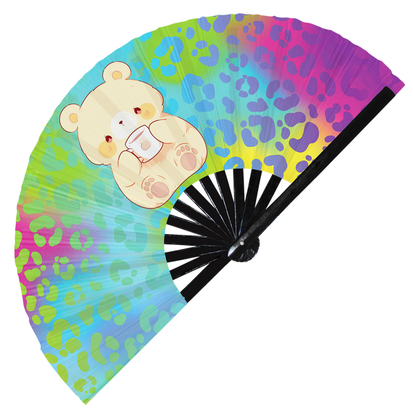 Cute Funny Bear Drinking Coffee Caffeine Cup Fat Brown bear | Hand Fan foldable bamboo gifts Festival accessories Rave handheld event