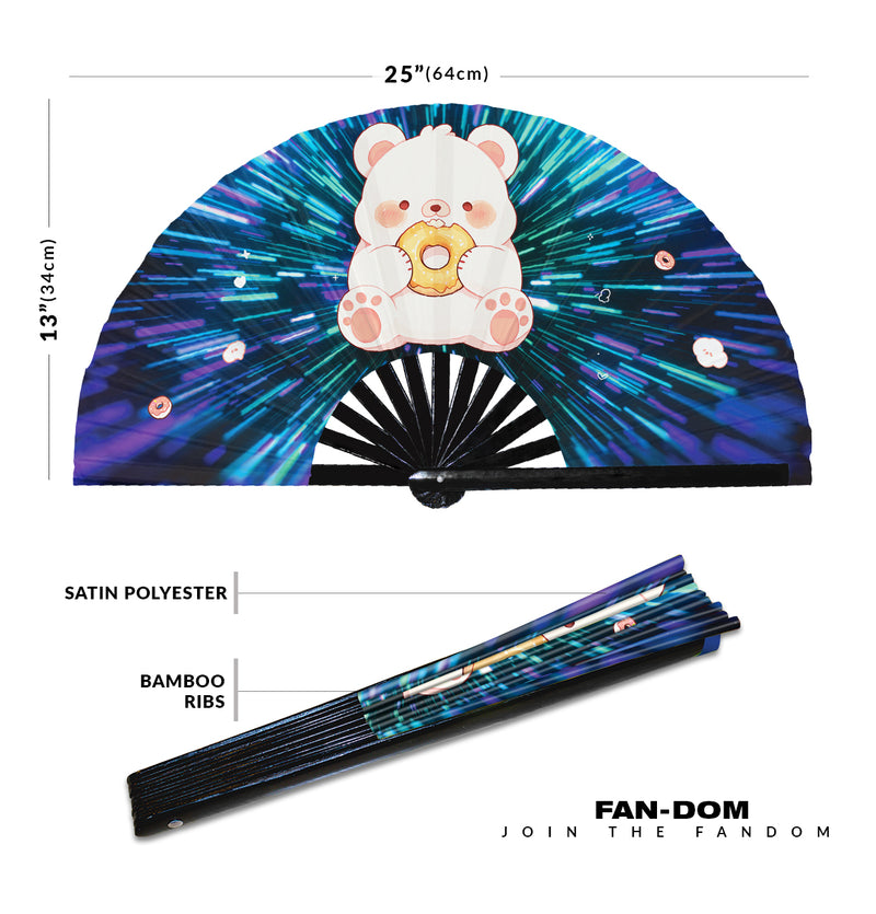 Cute Funny Bear Eating Donut Desserts Fat Bear | Hand Fan foldable bamboo gifts Festival accessories Rave handheld event