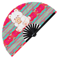 Cute Funny Bear Eating Donut Desserts Fat Bear | Hand Fan foldable bamboo gifts Festival accessories Rave handheld event