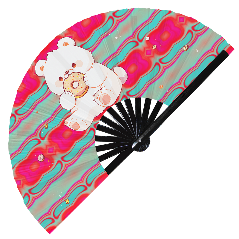 Cute Funny Bear Eating Donut Desserts Fat Bear | Hand Fan foldable bamboo gifts Festival accessories Rave handheld event