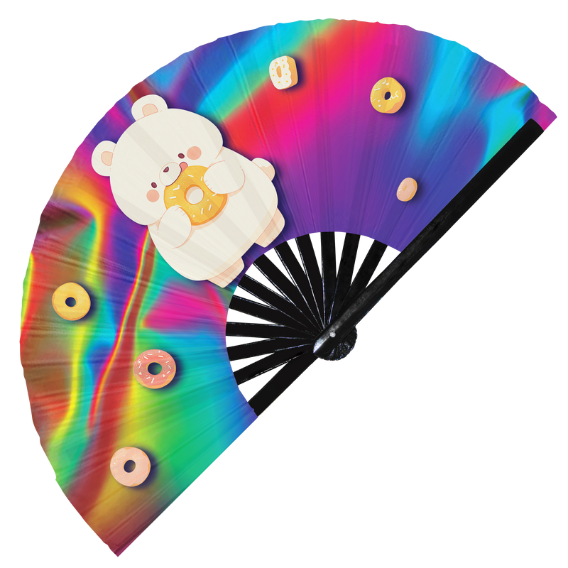 Cute Funny Bear Eating Donut Desserts Fat Bear | Hand Fan foldable bamboo gifts Festival accessories Rave handheld event