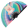 Cute Funny Bear Eating Donut Desserts Fat Bear | Hand Fan foldable bamboo gifts Festival accessories Rave handheld event