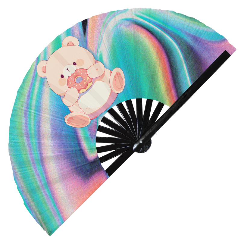 Cute Funny Bear Eating Donut Desserts Fat Bear | Hand Fan foldable bamboo gifts Festival accessories Rave handheld event