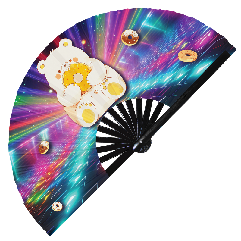 Cute Funny Bear Eating Donut Desserts Fat Bear | Hand Fan foldable bamboo gifts Festival accessories Rave handheld event