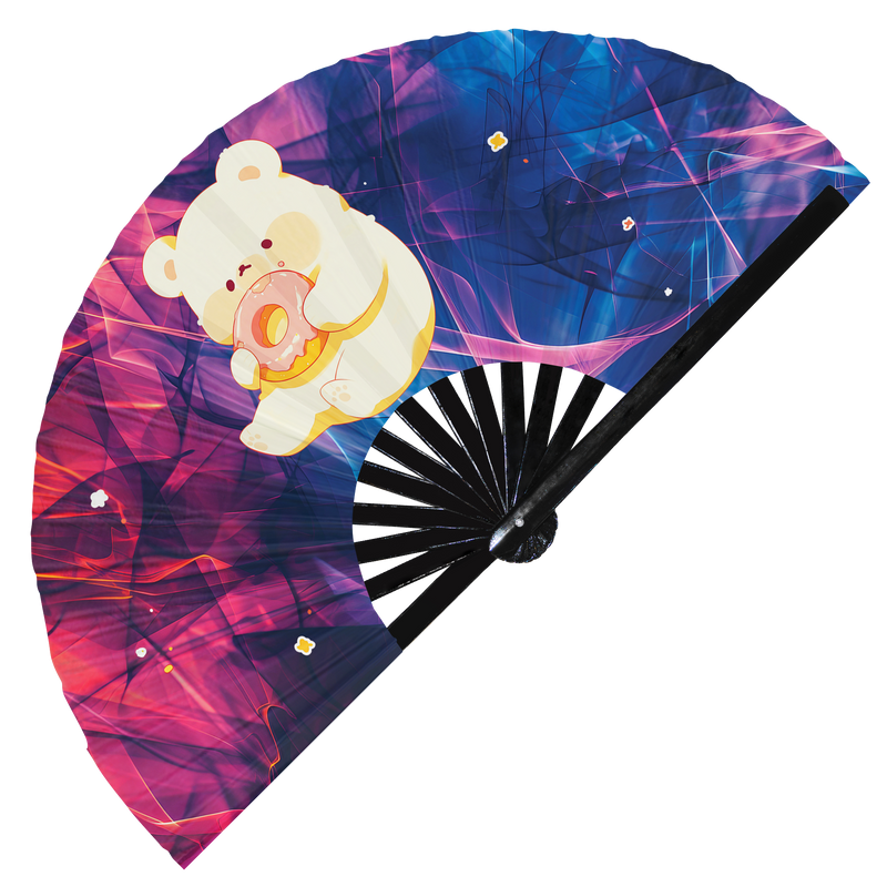 Cute Funny Bear Eating Donut Desserts Fat Bear | Hand Fan foldable bamboo gifts Festival accessories Rave handheld event