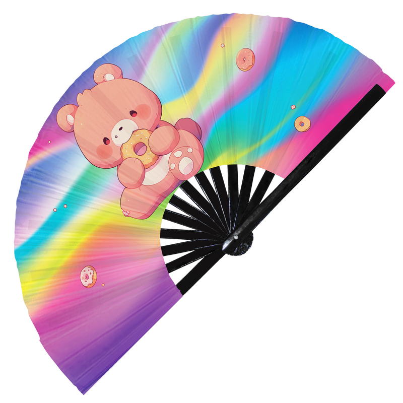 Cute Funny Bear Eating Donut Desserts Fat Bear | Hand Fan foldable bamboo gifts Festival accessories Rave handheld event