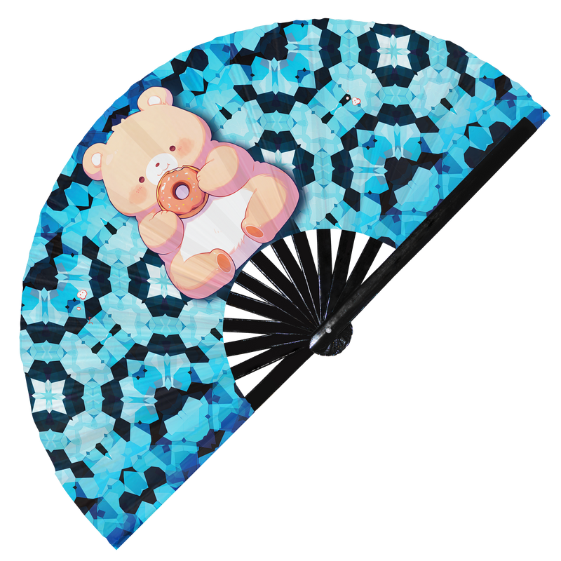 Cute Funny Bear Eating Donut Desserts Fat Bear | Hand Fan foldable bamboo gifts Festival accessories Rave handheld event