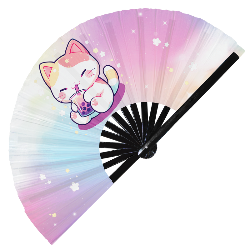 Cute Cat Boba Tea Kawaii | Hand Fan foldable bamboo gifts Festival accessories Rave handheld event Clack fan