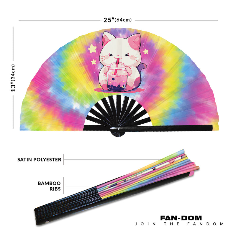 Cute Cat Boba Tea Kawaii | Hand Fan foldable bamboo gifts Festival accessories Rave handheld event Clack fan