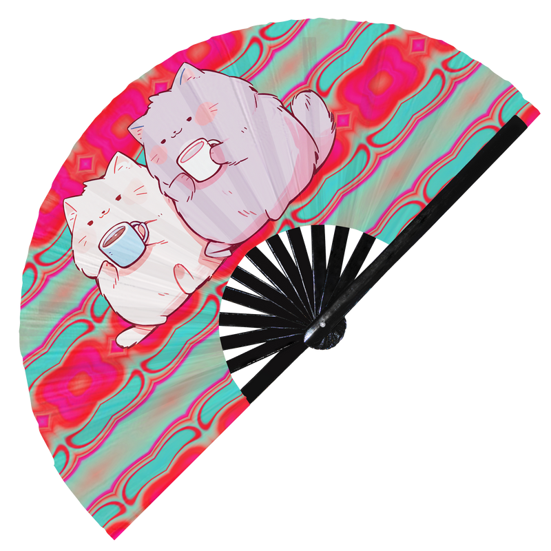 Cute Funny Cat Drinking Coffee Caffeine Cup Fat Kitten | Hand Fan foldable bamboo gifts Festival accessories Rave handheld event