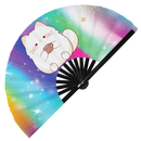 Cute Funny Cat Drinking Coffee Bamboo Hand Fan