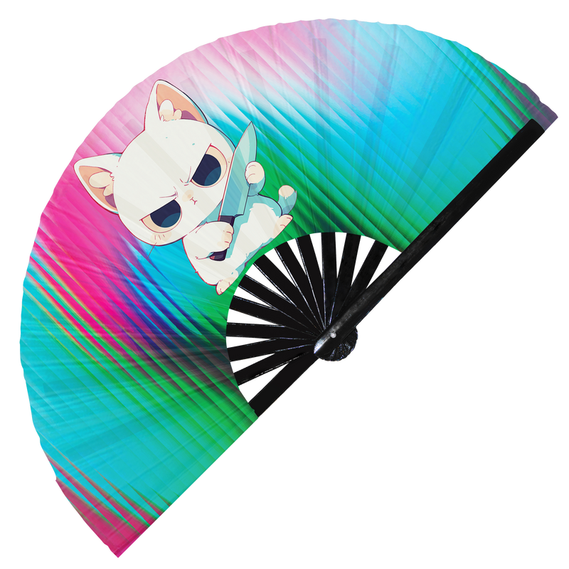 Cute Funny Cat Holding Knife I Choose Violence Murder Kitten | Hand Fan - Foldable Bamboo Fan Accessories