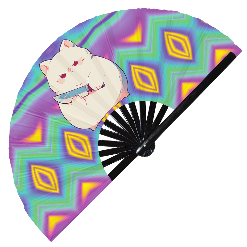 Cute Funny Cat Holding Knife I Choose Violence Murder Kitten | Hand Fan - Foldable Bamboo Fan Accessories