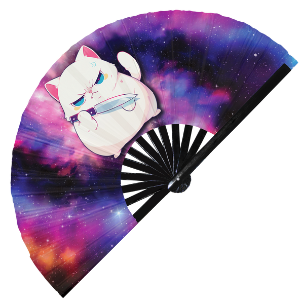 Cute Funny Cat Holding Knife I Choose Violence Murder Kitten | Hand Fan - Foldable Bamboo Fan Accessories