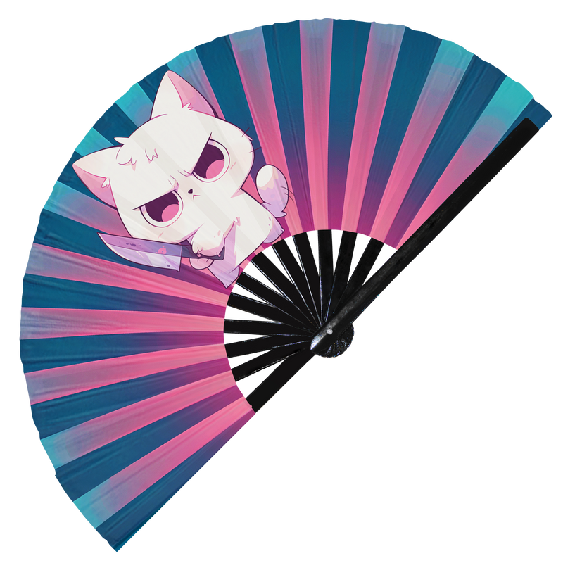 Cute Funny Cat Holding Knife I Choose Violence Murder Kitten | Hand Fan - Foldable Bamboo Fan Accessories