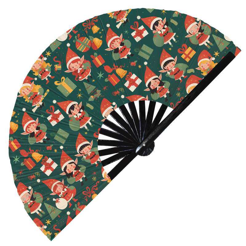 Cute Christmas Elf Pattern Bamboo Hand Fan