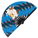 Cute Funny Cow Drinking Coffee Bamboo Hand Fan