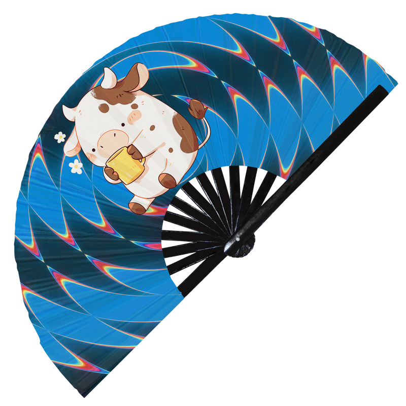 Cute Funny Cow Drinking Coffee Caffeine Cup Fat Cows | Hand Fan foldable bamboo gifts Festival accessories Rave handheld event