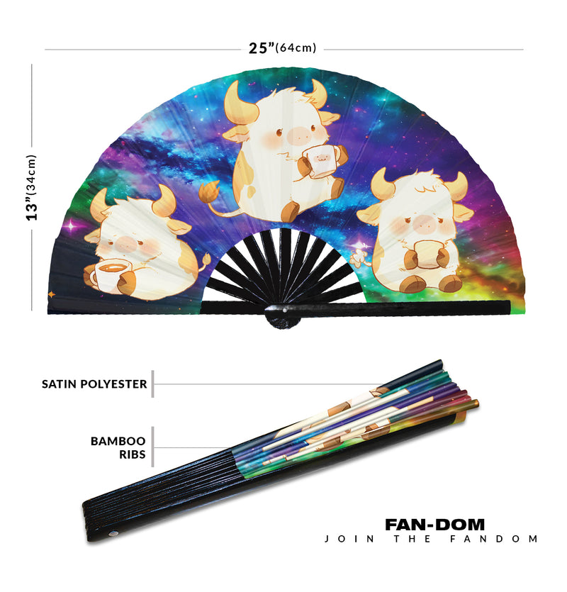 Cute Funny Cow Drinking Coffee Caffeine Cup Fat Cows | Hand Fan foldable bamboo gifts Festival accessories Rave handheld event