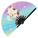 Cute Funny Cow Drinking Coffee Bamboo Hand Fan