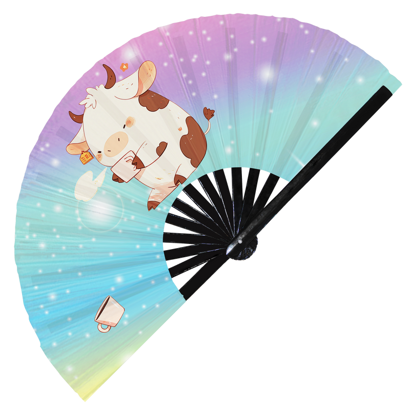 Cute Funny Cow Drinking Coffee Caffeine Cup Fat Cows | Hand Fan foldable bamboo gifts Festival accessories Rave handheld event