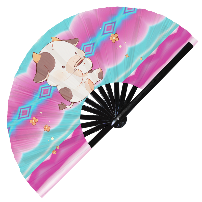 Cute Funny Cow Drinking Coffee Caffeine Cup Fat Cows | Hand Fan foldable bamboo gifts Festival accessories Rave handheld event