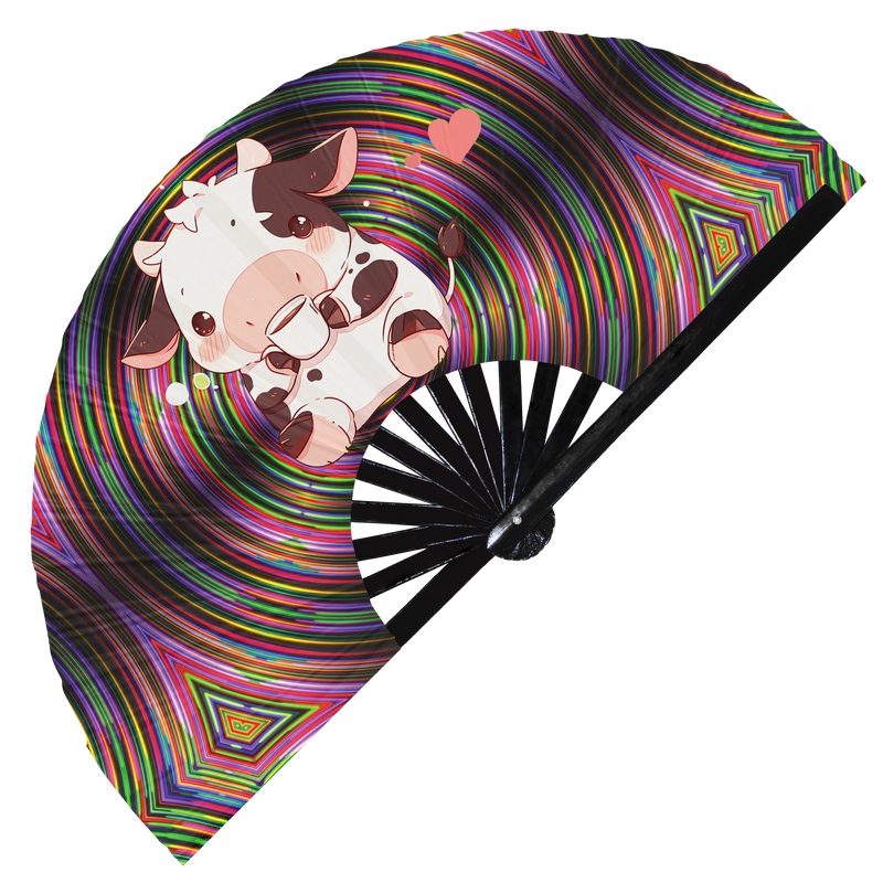 Cute Funny Cow Drinking Coffee Caffeine Cup Fat Cows | Hand Fan foldable bamboo gifts Festival accessories Rave handheld event