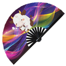 Cute Funny Cow Drinking Coffee Bamboo Hand Fan