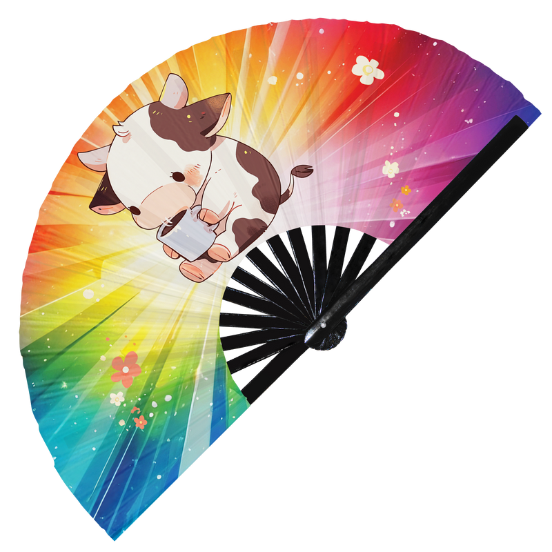 Cute Funny Cow Drinking Coffee Caffeine Cup Fat Cows | Hand Fan foldable bamboo gifts Festival accessories Rave handheld event