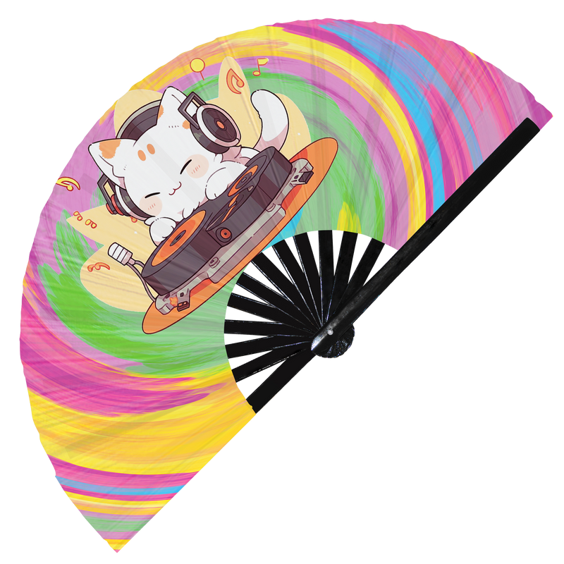 Cute Dj Cat | foldable bamboo gifts Festival accessories Rave handheld event Clack Hand Fan