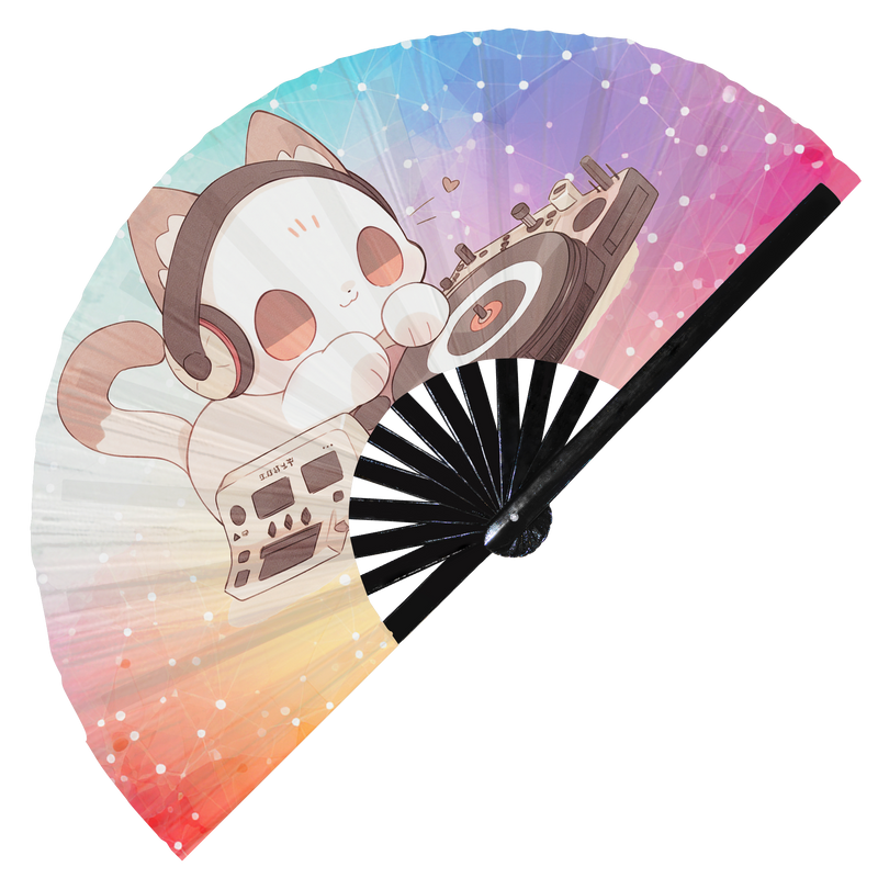 Cute Dj Cat | foldable bamboo gifts Festival accessories Rave handheld event Clack Hand Fan