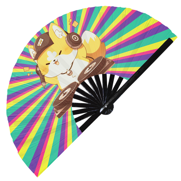 Cute Dj Dog Chibi Cartoons hand fan foldable bamboo circuit rave hand fans party gear gifts music festival accessories