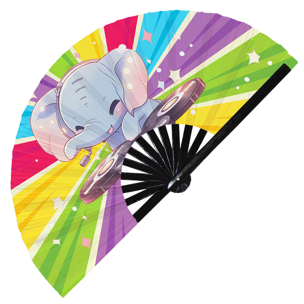 Cute Dj Elephant Funny Cartoon Party Elephants | Hand Fan foldable bamboo gifts Festival accessories Rave handheld event Clack fans