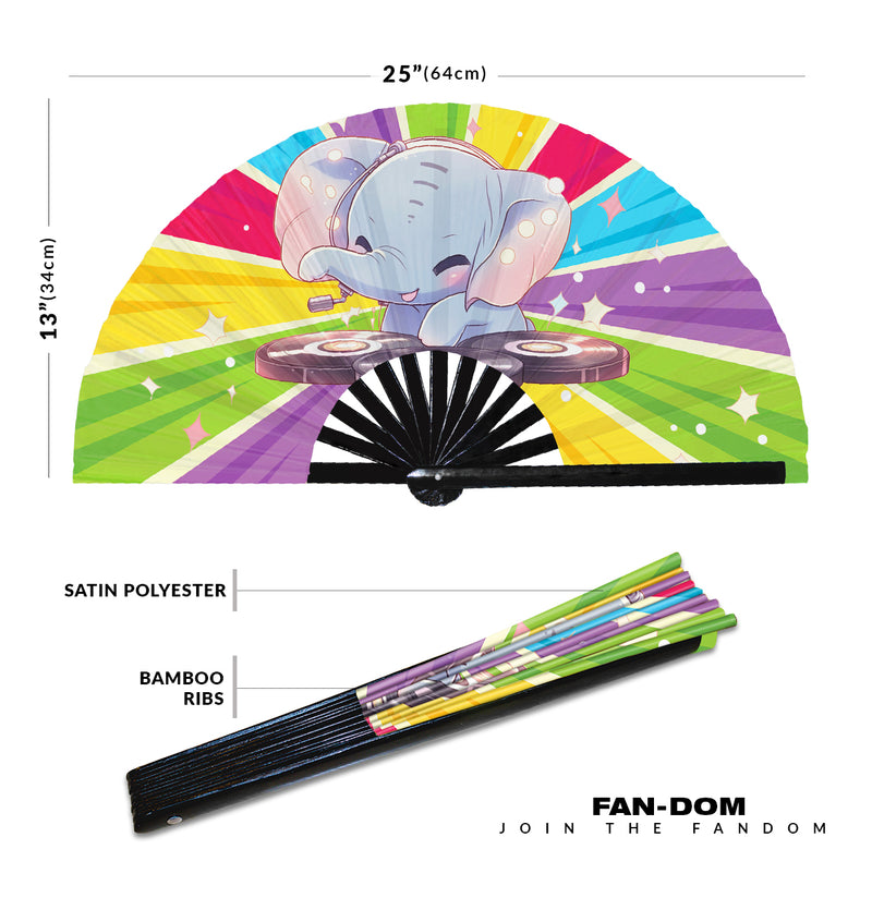 Cute Dj Elephant Funny Cartoon Party Elephants | Hand Fan foldable bamboo gifts Festival accessories Rave handheld event Clack fans
