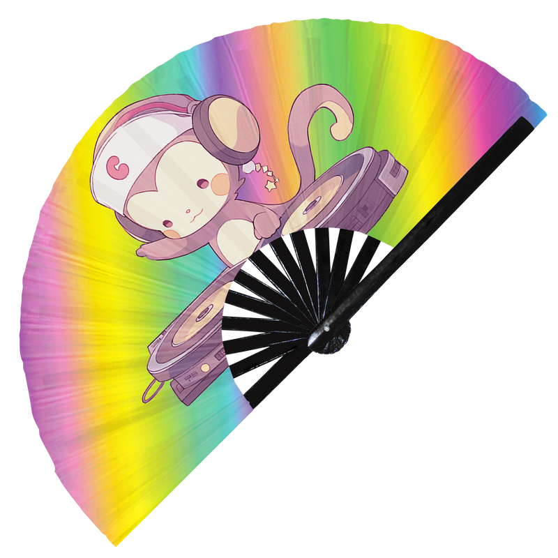 Cute Dj Monkey Party Chimp | Hand Fan foldable bamboo gifts Festival accessories Rave handheld event Clack fans