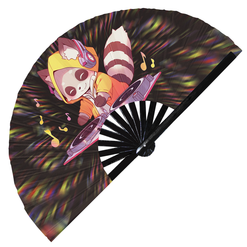 Cute Dj Racoon Funny Cartoon Party Racoons | Hand Fan foldable bamboo gifts Festival accessories Rave handheld event Clack fans
