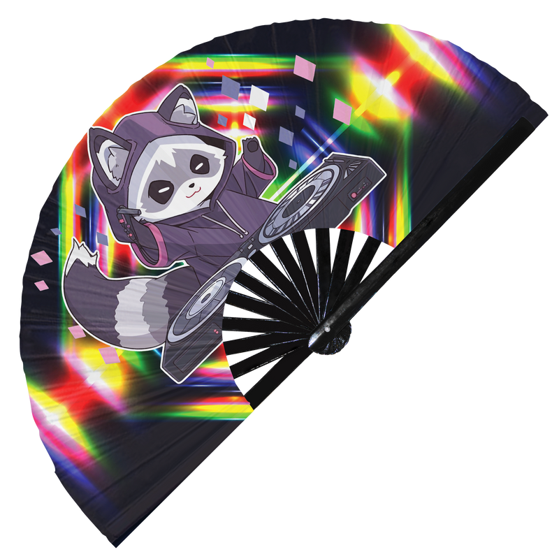 Cute Dj Racoon Funny Cartoon Party Racoons | Hand Fan foldable bamboo gifts Festival accessories Rave handheld event Clack fans