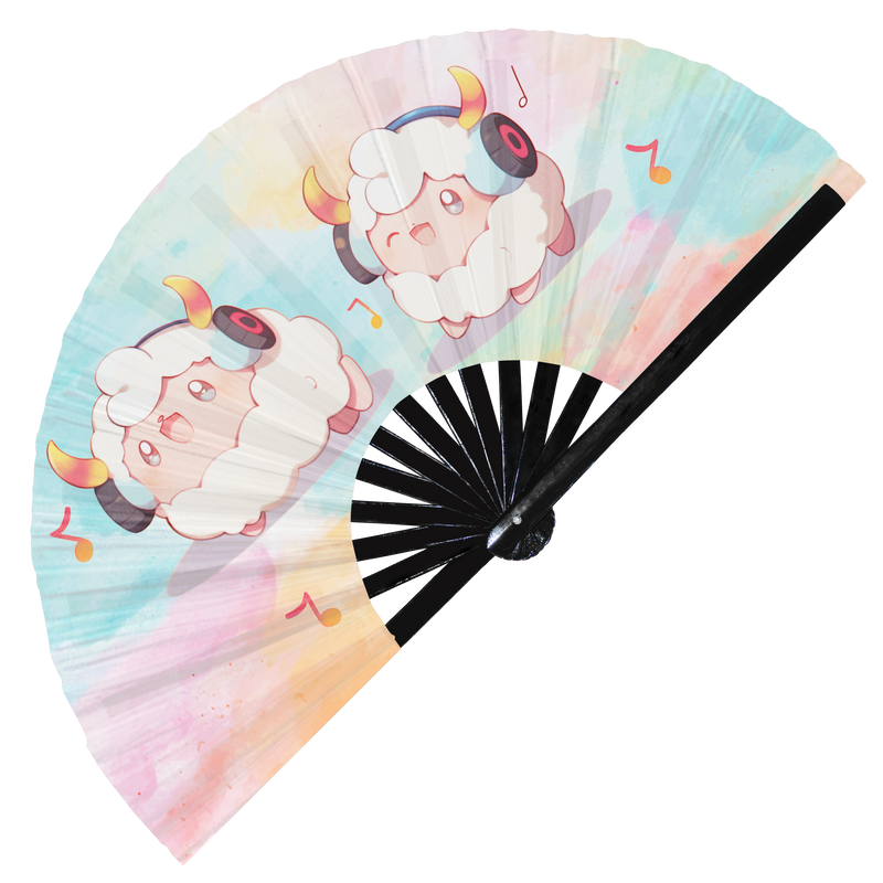 Cute Dj Sheep Party Lamb | Hand Fan foldable bamboo gifts Festival accessories Rave handheld event Clack fan