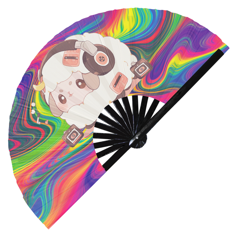 Cute Dj Sheep Party Lamb | Hand Fan foldable bamboo gifts Festival accessories Rave handheld event Clack fan