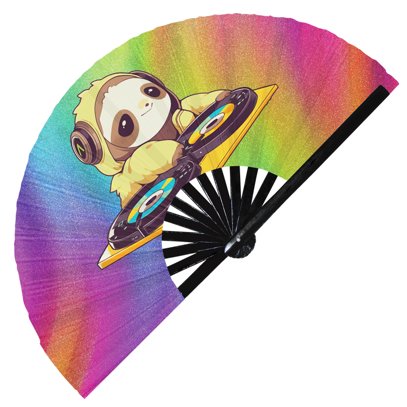 Cute Dj Sloth Party Sloth | Hand Fan foldable bamboo gifts Festival accessories Rave handheld event Clack fan