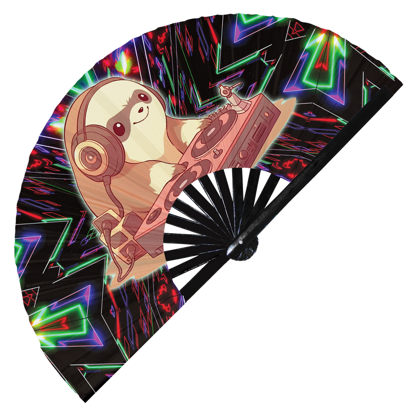 Cute Dj Sloth Party Sloth | Hand Fan foldable bamboo gifts Festival accessories Rave handheld event Clack fan