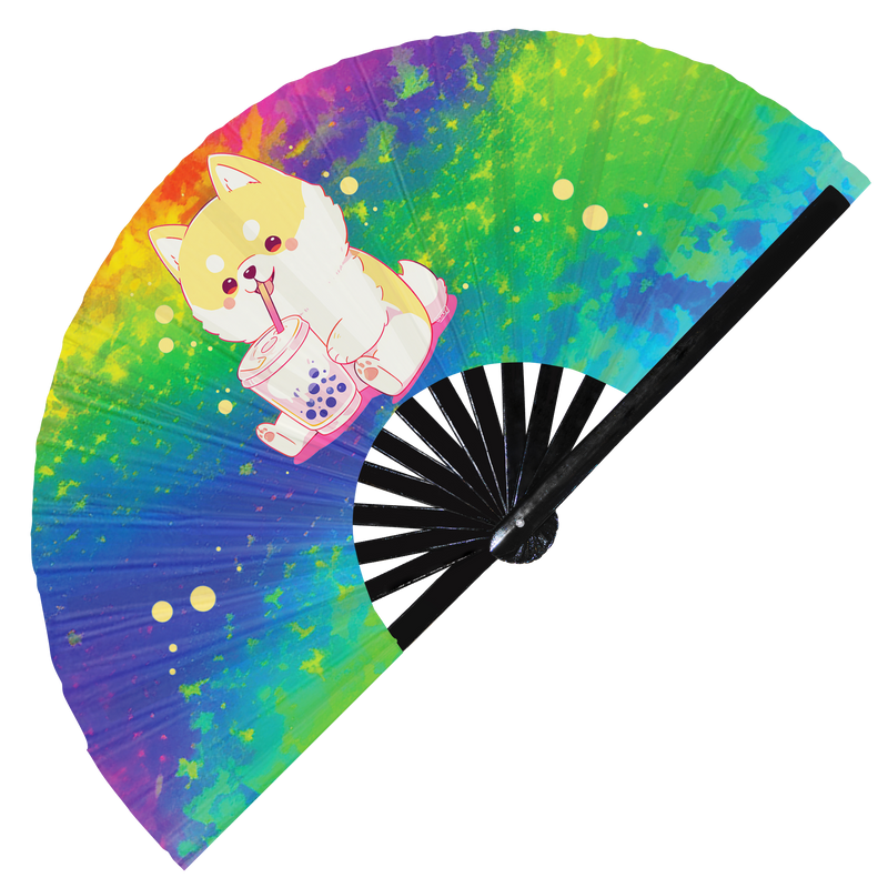 Dog Cute Shiba Boba Tea Kawaii | Hand Fan foldable bamboo gifts Festival accessories Rave handheld event Clack fan