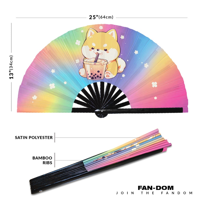 Dog Cute Shiba Boba Tea Kawaii | Hand Fan foldable bamboo gifts Festival accessories Rave handheld event Clack fan