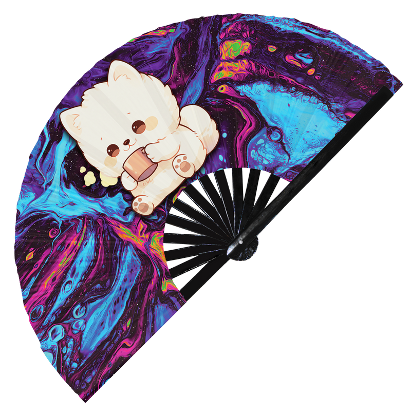 Cute Funny Dog Drinking Coffee Caffeine Cup Fat Puppy | Hand Fan foldable bamboo gifts Festival accessories Rave handheld event